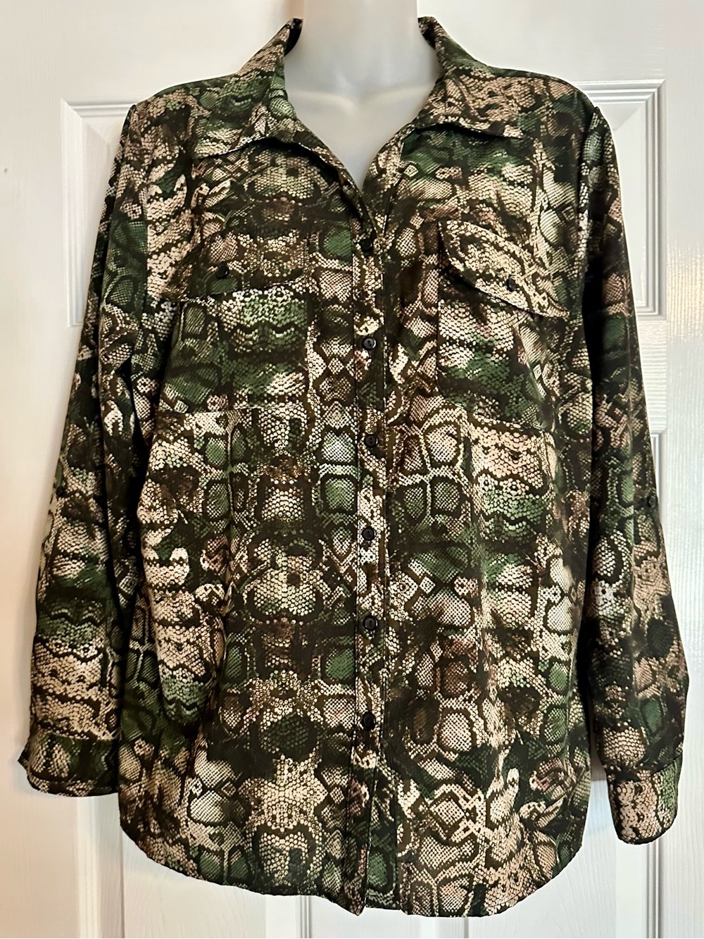 Notations Green and Brown Snake-Print Camouflaged Safari Style Shirt
